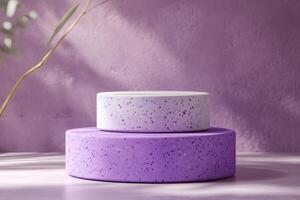 Minimalistic product display on purple background with shadows and branch photo