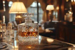Crystal decanter with whiskey and ice cubes is reflecting on a bar counter photo