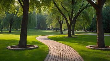 Serene City Park Path A Tranquil Stroll Through Lush Greenery photo