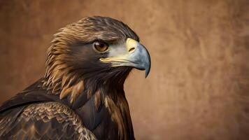 Close Up Of A Majestic Golden Eagle Portrait Against Brown Background on a solid background photo