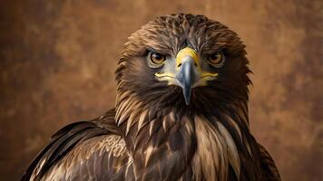Close Up Of A Majestic Golden Eagle Portrait Against Brown Background looking straight in camera photo