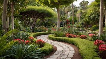 Serene Botanical Garden Walkway with Exotic Flowers and Lush Greenery photo