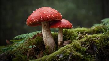 Enchanting Red Mushrooms in Mossy Forest with dark background photo