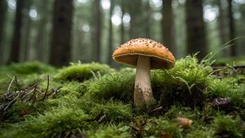 Close Up Of A Serene Forest Mushroom in Mossy Habitat forest background photo