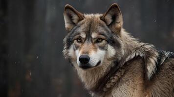 Close Up Of A Majestic Grey Wolf in Winter Forest Portrait dark background photo