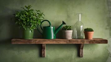 Serene Rustic Shelf with Green Plants and Watering Can photo