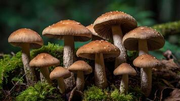 Close Up Of A Cluster of Brown Mushrooms in Mossy Forest with blurred dark background photo