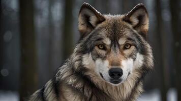 Close Up Of A Majestic Grey Wolf in Winter Forest Portrait with copy space photo