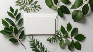 Elegant White Invitation Card with Green Leaves Botanical Frame photo