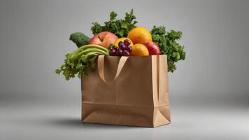 Fresh Produce in Brown Paper Bag on Gray Background photo