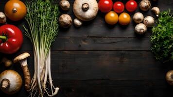 Rustic Harvest Vegetables and Mushrooms on Dark Wooden Background photo
