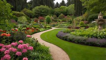 Serene Botanical Garden Landscape with Winding Path and Fountain photo