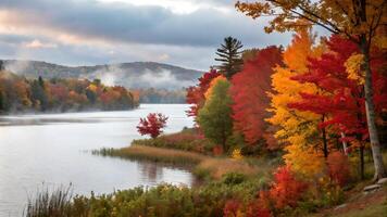 Serene Autumn Lake Mist colrful trees with mountains photo