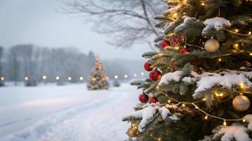 Snowy Christmas Eve Festive Background with Decorated Trees photo