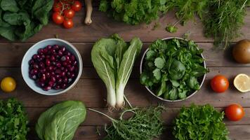 Assortment Fresh Leafy Greens and Vegetables Flatlayf photo