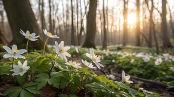 Spring Sunlight Illuminates Delicate Anemone Flowers in Forest closeup photo