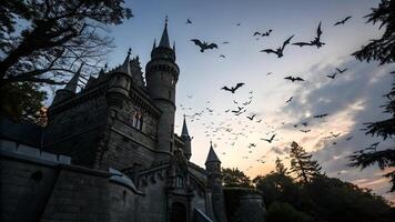 Bats Swarm Gothic Castle at Dusk photo