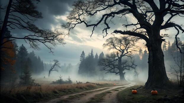 Dark Misty Forest Path Halloween Landscape photo