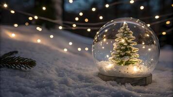 Enchanting Christmas Snow Globe with Glowing Tree in Snowy Scene photo