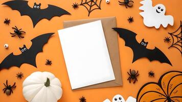 Happy Halloween Greeting Card Mockup with Bats Ghosts and Pumpkins photo