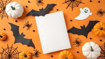 Halloween Party Invitation Mockup with Pumpkins Bats and Ghosts photo