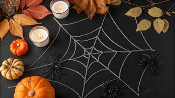Autumn Halloween Flat Lay with Spiderweb and Pumpkins photo
