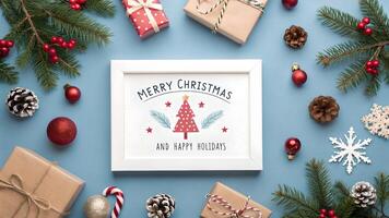 Merry Christmas and Happy Holidays Festive Flat Lay photo