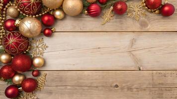 Rustic Christmas Ornament Border on Wooden Background photo