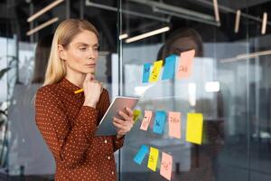 Focused businesswoman using sticky notes for brainstorming and planning on a glass wall in a modern office setting. photo