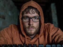 Man in hoodie looking at a computer screen photo