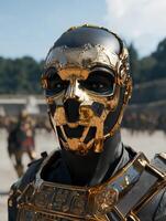 A warrior wearing a golden mask and armor stands ready for battle photo