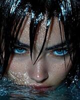 Close up of a womans face partially submerged in water, showcasing her striking blue eyes and wet hair photo