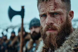 A fierce warrior with battle scars and a determined gaze stands ready for combat photo