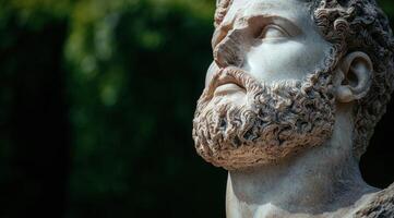 Close up of a weathered marble statue with intricate beard details photo