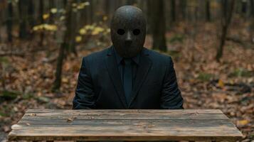 Mysterious figure in a mask sitting at a table in the woods photo
