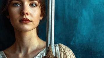 Portrait of a woman holding a sword against a blue background photo