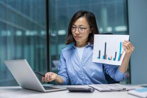 Online presentation, serious focused woman showing company revenue graph into laptop camera, Asian financier explaining key figures, office worker with laptop inside office. photo