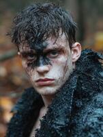 A man with dark face paint stares intensely at the camera photo