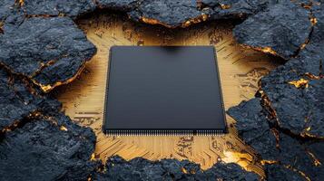 Modern CPU chip emerging from cracked rock with golden circuit board background photo