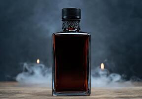 A bottle of dark liquor on a wooden surface with a smoky background photo