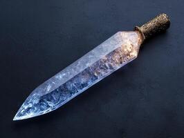 A crystal sword with a golden hilt on a dark background photo