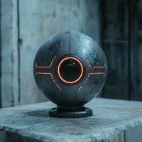 Futuristic metallic orb with glowing accents on a concrete surface photo