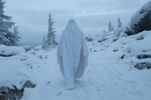 A ghostly figure walks through a snowy landscape photo