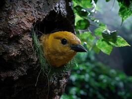 A golden bird peeks out from its nest in a tree hollow photo