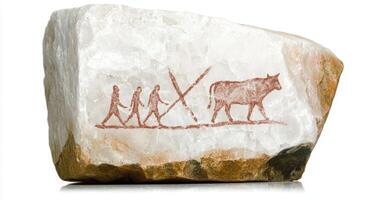 Cave painting of people and an animal on a stone photo