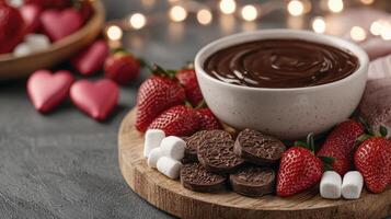 Chocolate fondue with strawberries and marshmallows for Valentines Day photo