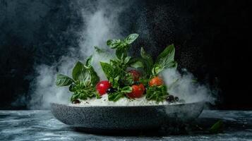 A bowl of fresh salad with basil, tomatoes, and berries surrounded by smoke photo
