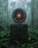 Mysterious stone circle with glowing center in a misty forest photo
