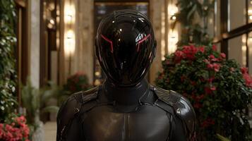 Futuristic character with a sleek, dark helmet standing in a modern building photo