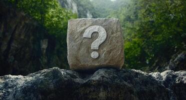 Stone block with a question mark in a forest setting photo